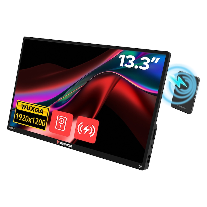 Monitor portabil Verbatim 13.3", Touchscreen, WUXGA 1920x1200, 2 x USB-C, HDMI, incarcare fara fir, acumulator extern wireless 5000 mAh, carcasa Aluminiu