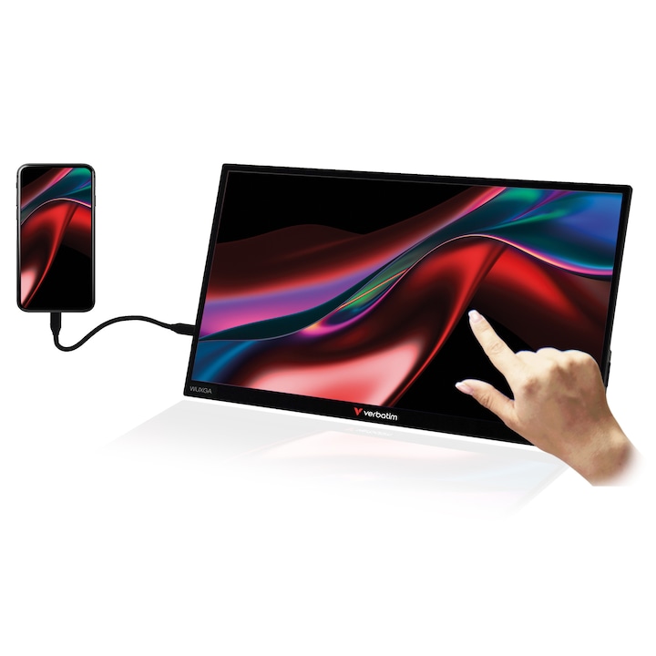 Monitor portabil Verbatim 13.3", Touchscreen, WUXGA 1920x1200, 2 x USB-C, HDMI, incarcare fara fir, acumulator extern wireless 5000 mAh, carcasa Aluminiu