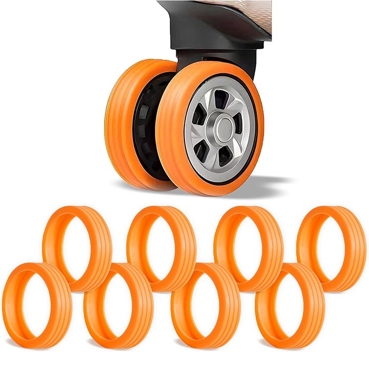 Kerékhuzat poggyászhoz, szilikon kerékhuzat 8 darabos 2-2,6 hüvelykes univerzális kerekekhez, kopásálló és zajtalan, alkalmas poggyászhoz, bőröndökhöz vagy irodai szék kerekekhez (narancssárga)