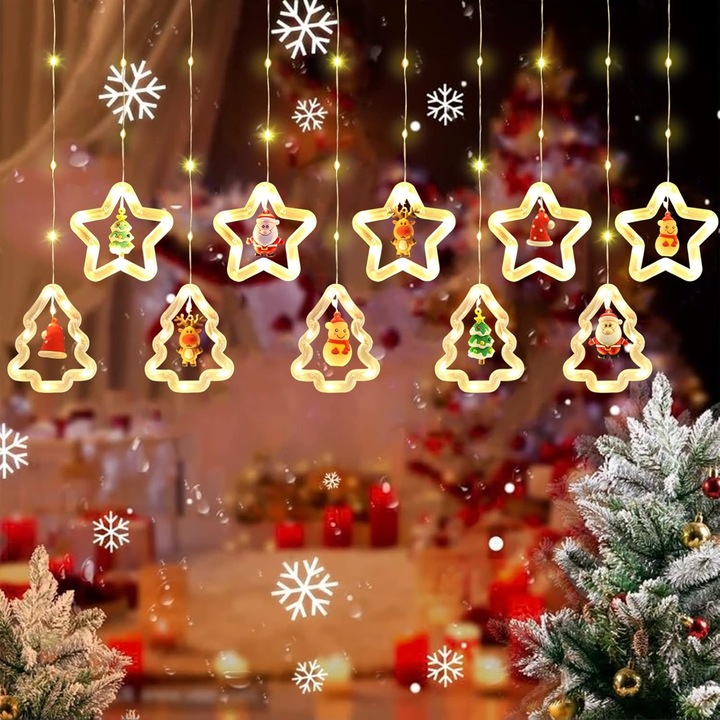 Коледни декоративни завеси, светещи ленти във формата на звезда и елха, дължина 3 метра, топло бяло