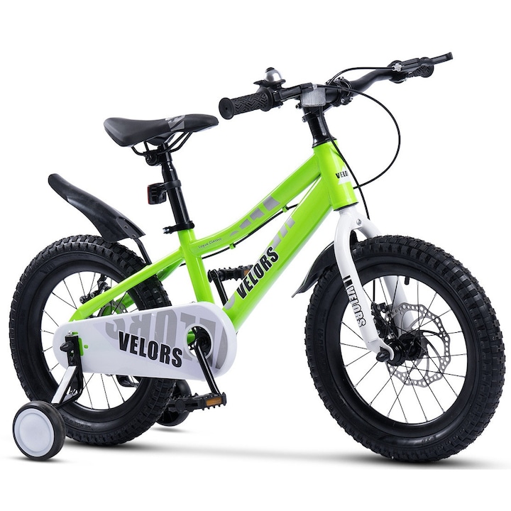 Gyerek MTB kerékpár 16"-os kerekekkel, tárcsafékekkel, 1 sebességes, zöld, velúr Genius Vogue Classic hegyi kerékpár acél vázzal és pótkerekekkel, 4/6 éves korig - 110-115 cm között