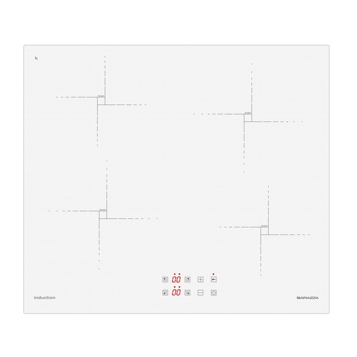 Вграден индукционен котлон Barazza, 60 см, 4 зони за готвене, сензорен контролен панел, разпознаване на тенджера, функция Boost, заключване за деца, таймер, безопасно изключване, индикатор за остатъчна топлина, бял