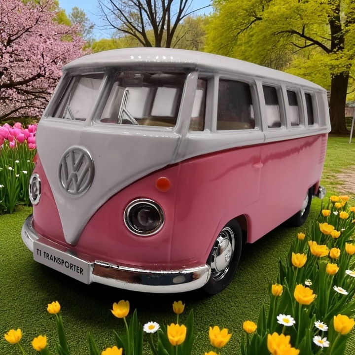 Retro fémmodell, Volkswagen T1 lakóautó, Rózsaszín, 1:36 méretarány, Hátrahúzós motor, Nyitó ajtók, 14 cm, VisionXXI