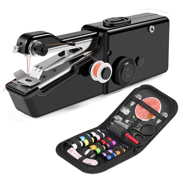 Шевна машина, мини, преносима, USB, ръчна, практична, с аксесоари, съвместима с много видове текстилни материали, за дрехи, пердета, завеси, черен