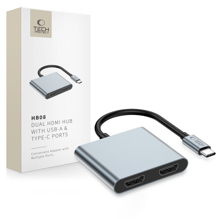 Алуминиев HUB адаптер 4-в-1 TECH-PROTECT HB08, USB-C, USB 2.0, 2 x HDMI 4K 60HZ, Сив