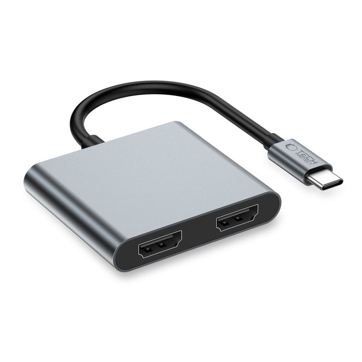 Алуминиев HUB адаптер 4-в-1 TECH-PROTECT HB08, USB-C, USB 2.0, 2 x HDMI 4K 60HZ, Сив