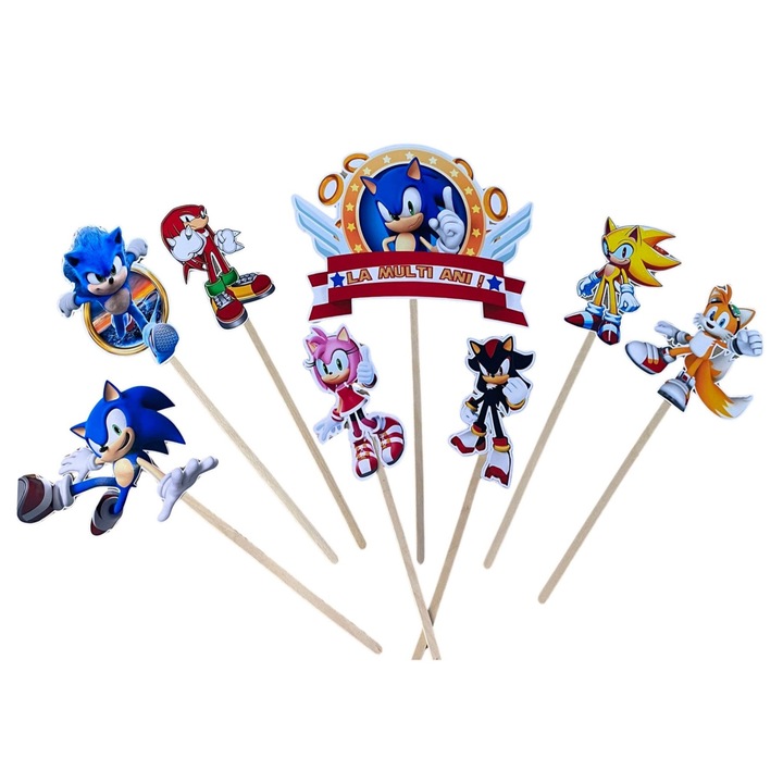 Topper Tort Sonic – Carton Lucios, Set 8 buc 14–18 cm, Petrecere Copii