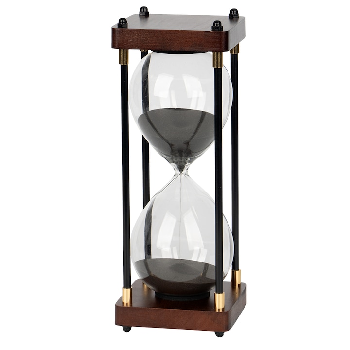 Голям 60-минутен пясъчен часовник, Topdii®, изработен от дърво, черен пясък, 25x9.5 см, черен