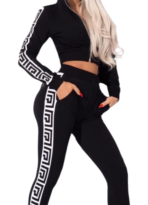 Compleu din 2 piese, de vara, negru cu detalii albe, din bumbac elastic, M