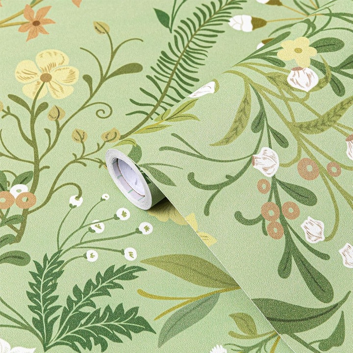 Tapet Autocolant Decorativ cu Model Floral Vintage, Verde Mat 44x300 cm – Tapet Rezistent, Impermeabil si Usor de Aplicat pentru Pereti si Mobilier