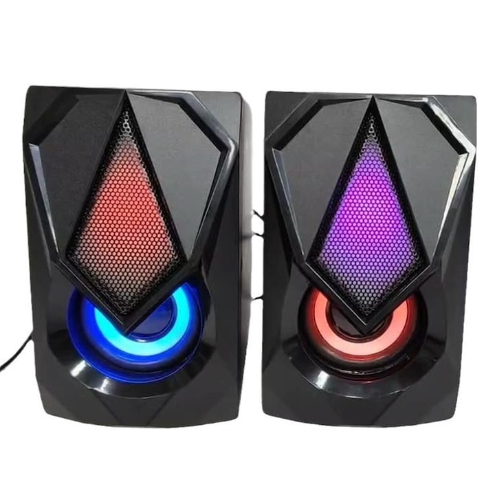 Геймърски кутии 2.0, ZGGZERG, 6W, Стерео, 150Hz-20KHz, RGB осветление, 360 съраунд звук, Бутон за сила на звука, Plug-n-Play, За телевизор или компютър, 144*85*120mm, Черен