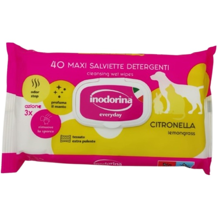 Servetele Umede pentru Caini si Pisici, Inodorina cu Citronela - 40 bucati, Igiena Rapida la indemana