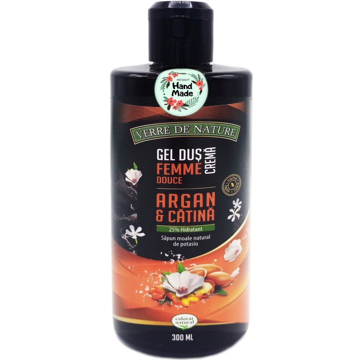 "Natural HandMade" tusfürdő gél érdes és rugalmatlan bőrű nőknek, mézzel, argánnal, homoktövissel, mályvával és szappanfüvvel, 300ml, Verre De Nature