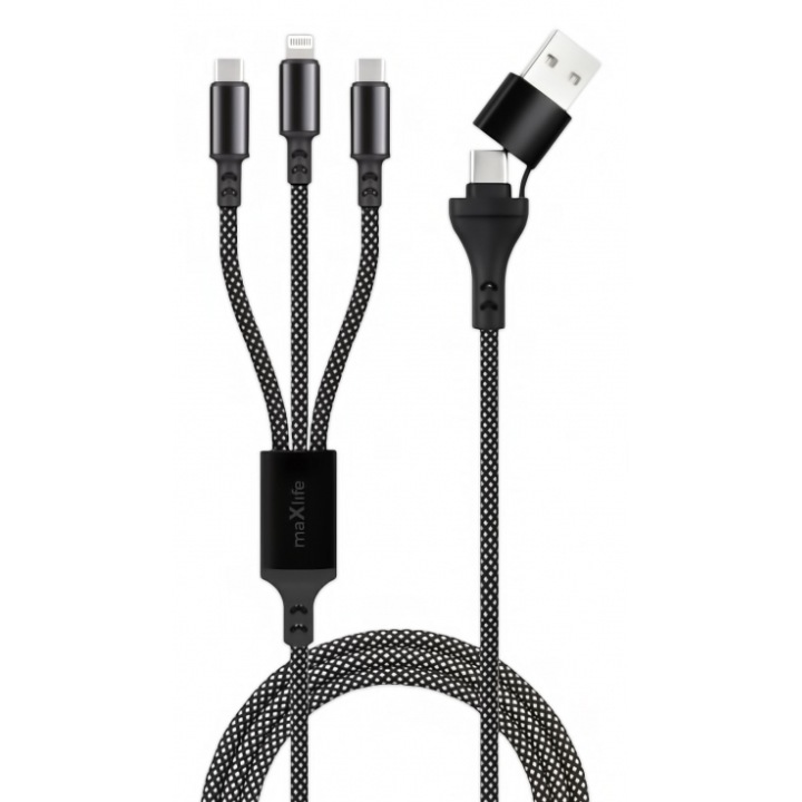Cablu Incarcare Maxlife USB-A / USB-C - Lightning / USB-C ALLin1 66W 1m Negru