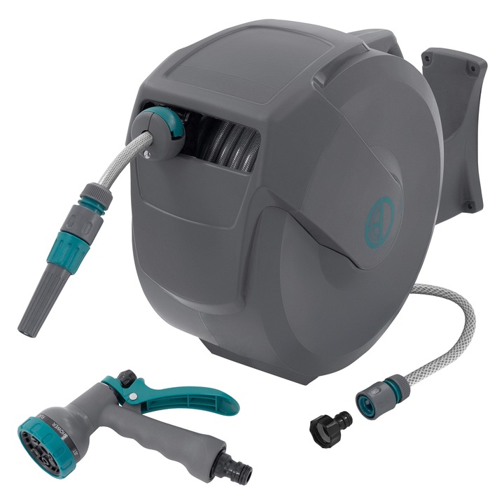 ECD Germany PVC automata kerti tömlő fali tekercs zárral és 9 permetező funkcióval 20 m + 2 m kihúzható, feltekercselő rendszerrel, 180°-ban forgatható kültéri dobbal, önbehúzó tekercs