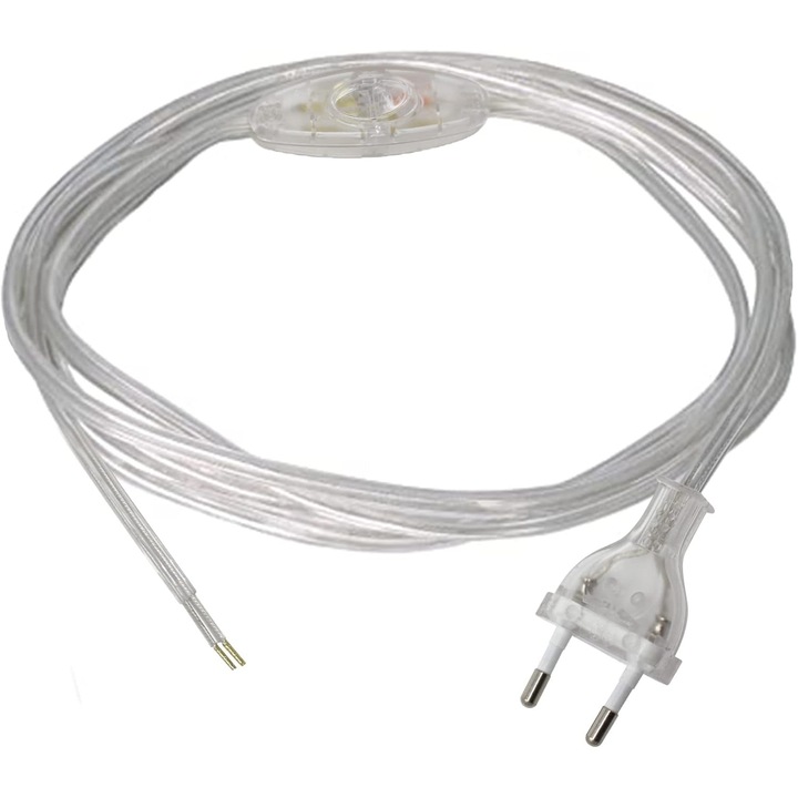 Cablu Alimentare 2x0.75 mm², cu Stecher Plat (2P 10A) 230V + Intrerupator, 1.5 metri, H03VVH2-F, Transparent, FAEG Italia