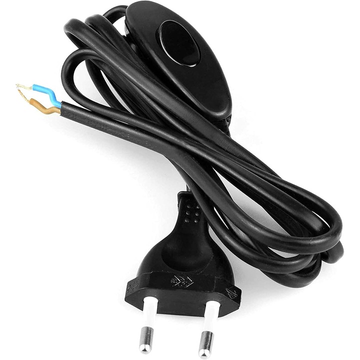 Cablu Alimentare 2x0.75 mm², cu Stecher Plat (2P 10A) 230V + Intrerupator, 2 metri, H03VVH2-F, Negru, FAEG Italia