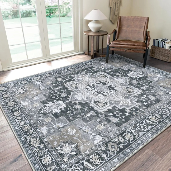 VINYLTAPET, Covor pentru living, Covor vintage antiderapant, Lavabil la masina, Covor usor din microfibra imprimat, Cu fir scurt, Potrivit pentru dormitor, living sau birou de acasa, 150 x 210 cm, Gri inchis