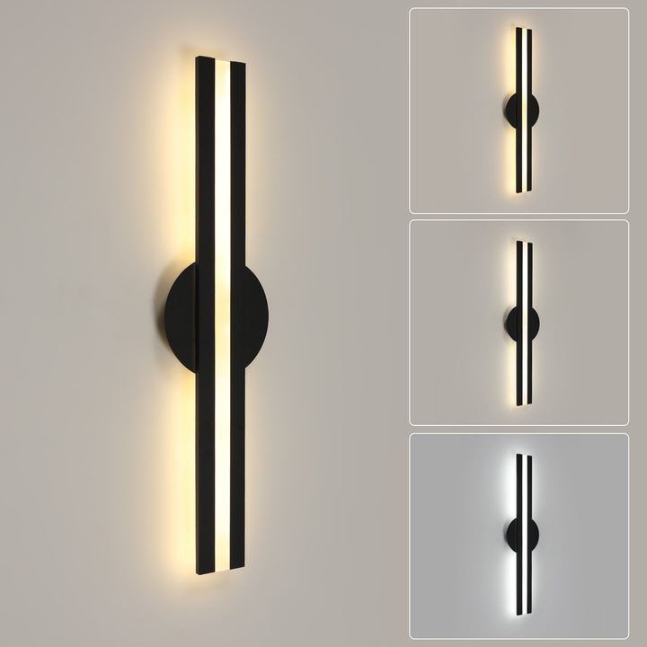 LED стенна лампа, чаена свещ, черна, дълга лента 18W, трицветна светлина, 3000/4500/6500K, акрилна, подходяща за спалня, хол, трапезария и коридор