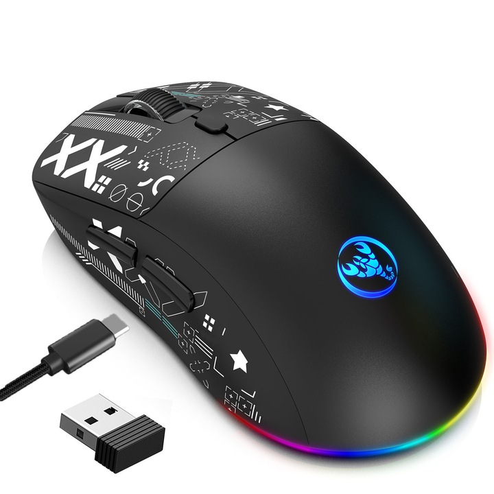 Mouse gaming, ZGGZERG, 2.4 G Wireless /BT5.3/Cu fir, 3600 DPI, 650mAh, RGB Led, 6 butoane, Ergonomic, Cablu cu fir de 18 m, 12.5 * 6.3 *4.1cm, Negru