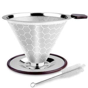 Filtru de cafea fara hartie, Topdii®, 800 mesh, Inox dublu-strat, Reutilizabil, cu Perie si suport anti alunecare, Destinat 1~4 cesti de cafea, 14x10x8.5 cm, Argintiu