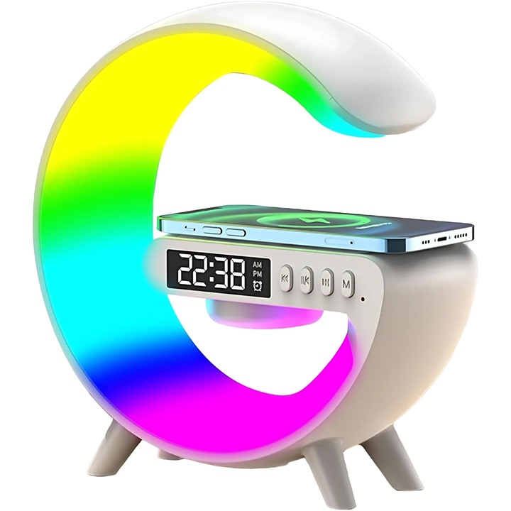 Интелигентна лампа GARDEON, RGB, 15W безжично зареждане, Цифров часовник, Аларма, Bluetooth високоговорител, Амбиентно осветление, Функция за сън, TF слот, AUX жак, USB, G дизайн, Бял