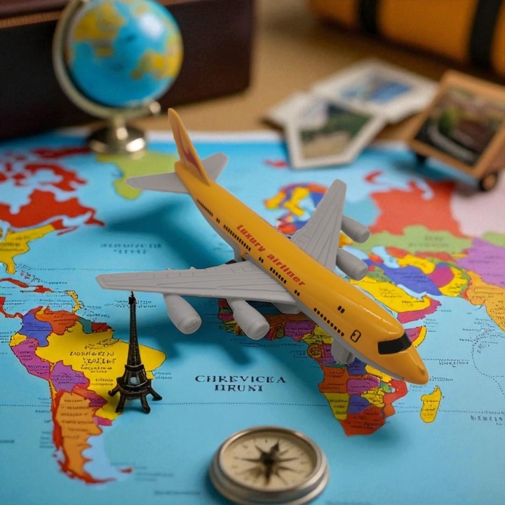 Macheta Avion de Metal si Plastic, Boeing 747 Luxury Airliner, Scara 1:45, Galben, 13.5cm, Motor PullBack, VisionXXI