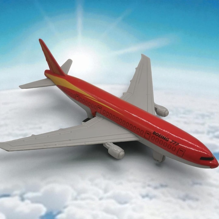 Macheta Avion de Metal si Plastic, Boeing 777 Airliner, Scara 1:45, Rosu/Galben, 13.5cm, Motor PullBack, VisionXXI