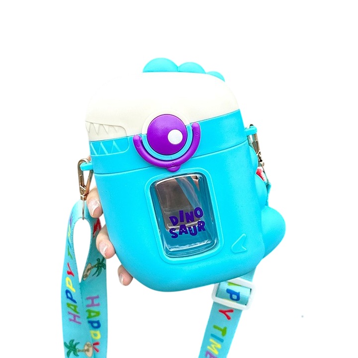 Детска бутилка за вода Mixbo, модел Динозавър, с каишка и сламка, синя, 500 мл