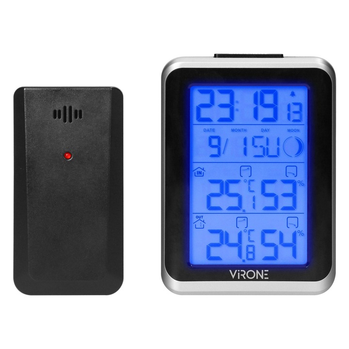 Statie meteo cu ceas si Transmitator exterior VIRONE WS-3, temperatura si umiditate interior si exterior, calendar, alarma, alimentare cu baterii