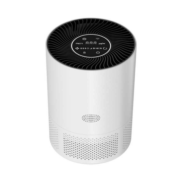 Purificator de aer, ozon, ioni negativi, eliminare mirosuri, USB, pornire cu o singura atingere, compact si portabil, afisaj inteligent, 98x100x66mm, 4000mAh, alb