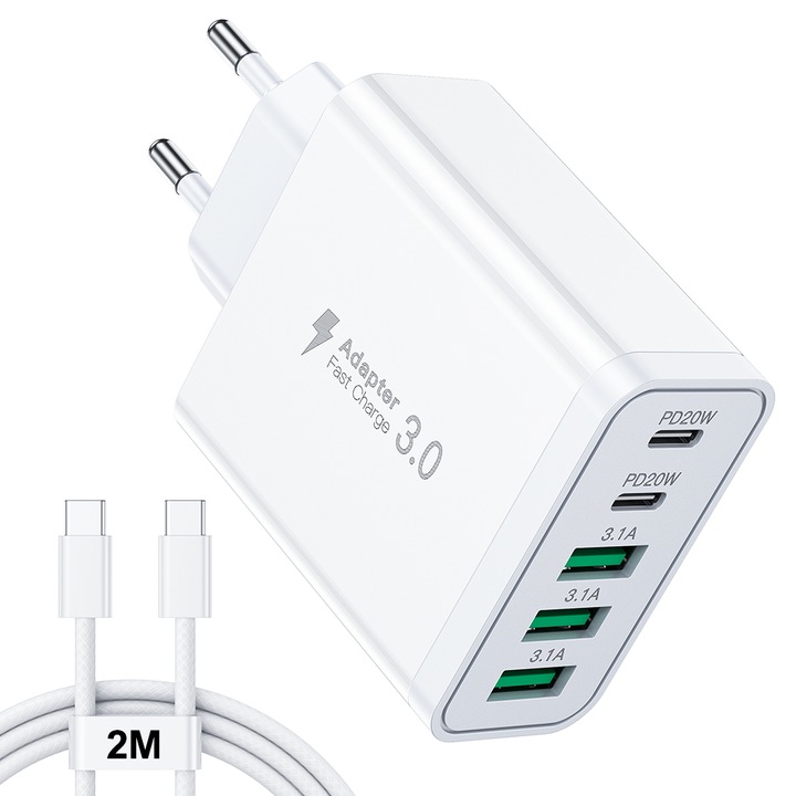 Incarcator retea, 5 Porturi, Adaptor Priza Quick Charge, 2 x Type-C 20W Fast Charger, 3 x USB-A 3.1A, Compatibil iPhone, Huawei, Xiaomi, Usor de transportat, cablu de date 2m, SEZAC, alb