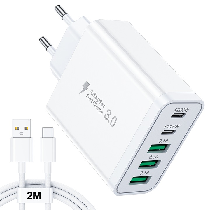Incarcator Retea, 5 Porturi, Adaptor Priza Quick Charge, 2 x Type-C 20W Fast Charger, 2 x USB-A 3.1A, Compatibil Universal, Apple, Samsung, Huawei, Xiaomi, cablu de date 2m, SEZAC, Alb