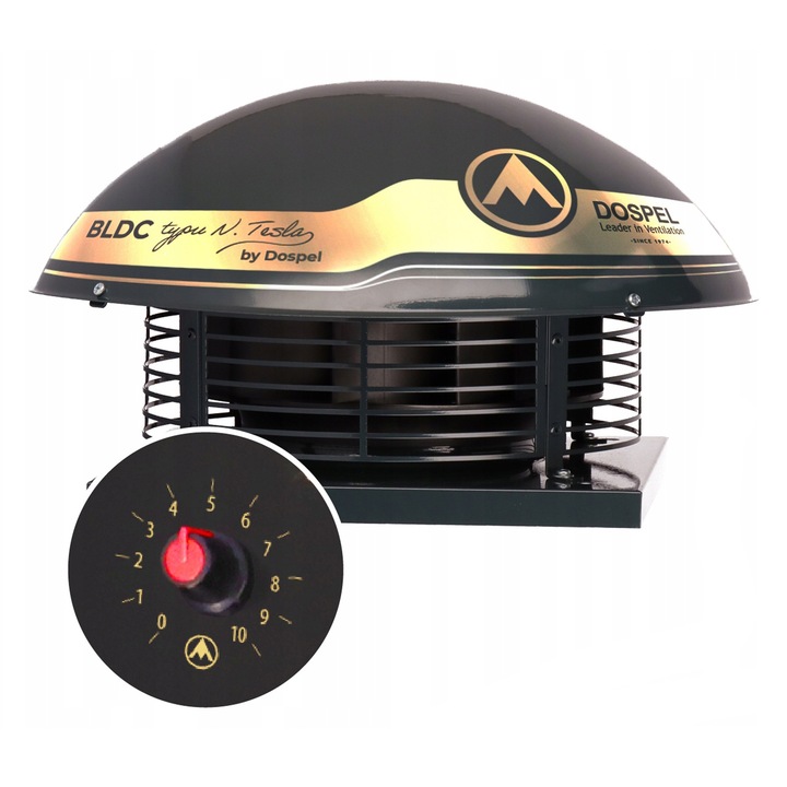 Покривен Вентилатор, Dospel, Wd-Ii, Ø200 мм, Дебит На Въздух 1500 M3/Ч, Статично Налягане 485 Pa, Акустично Налягане 68 Db(A), Материал Поцинкована Стомана, Черен/Златист