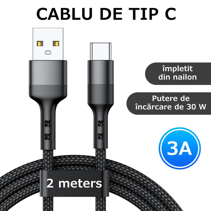 Cablu Date, Compatibil cu Toate Brandurile (Samsung, iPhone 15 & 16, Xiaomi, Huawei), USB Type-A la Type-C, Aluminum, Nylor, 2m, SEZAC, Negru