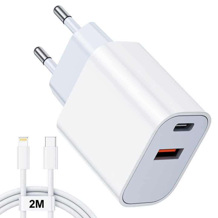 Incarcator retea, incarcare rapida, 2 porturi, USB-C + USB-A, cablu de date USB-C la Lightning 2m, SEZAC, alb