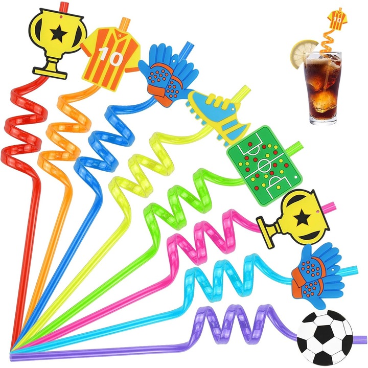 Set 16 Paie Reutilizabile, Spiralate, cu Figurine Fotbal, Fara BPA, Fara miros, Rezistente la temperaturi extreme, Pentru acasa, petreceri, scoala, voiaj etc, Plastic, 26 x 3 cm, Multicolor