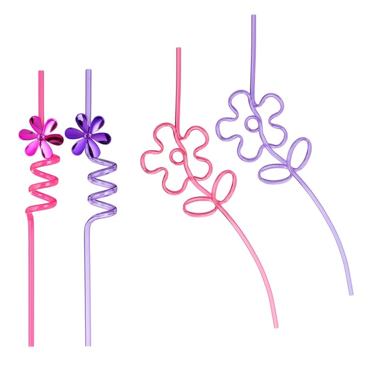 Paie fancy reutilizabile spiralate din plastic roz lila flori ø6x270mm - 4buc