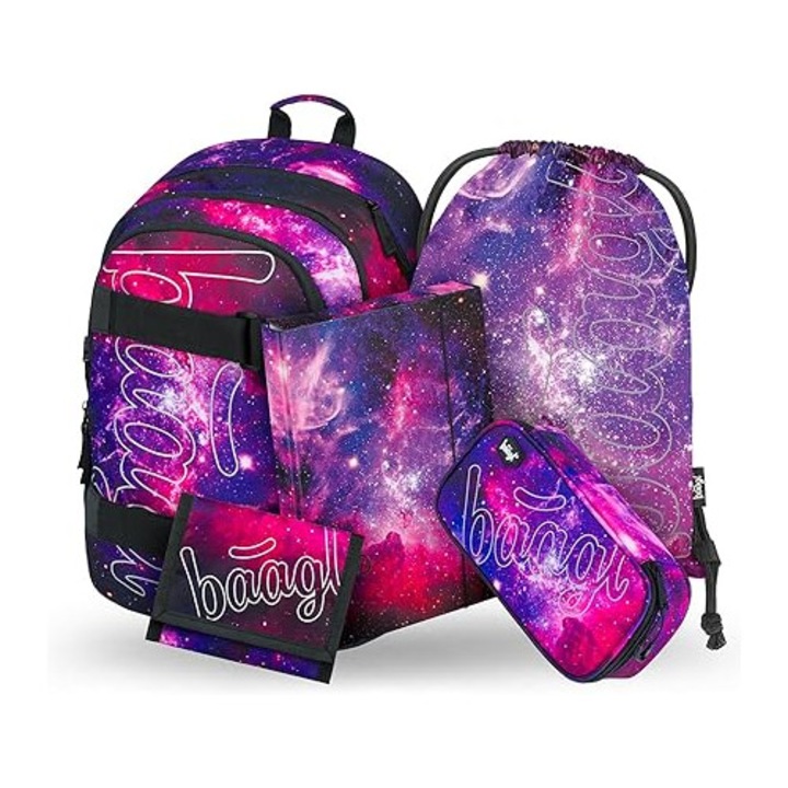 Set ghiozdan scolar Baagl pentru baieti si fete, 5 piese, ghiozdan scolar pentru clasa a 3-a, ghiozdan primar cu curea pentru piept, ghiozdan ergonomic, model Skate Galaxy