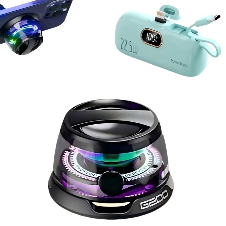 Difuzor magnetic portabil Bluetooth Sunet surround la 360 de grade Subwoofer puternic Difuzor portabil pentru exterior/Baterie Externa, Verde/Mov