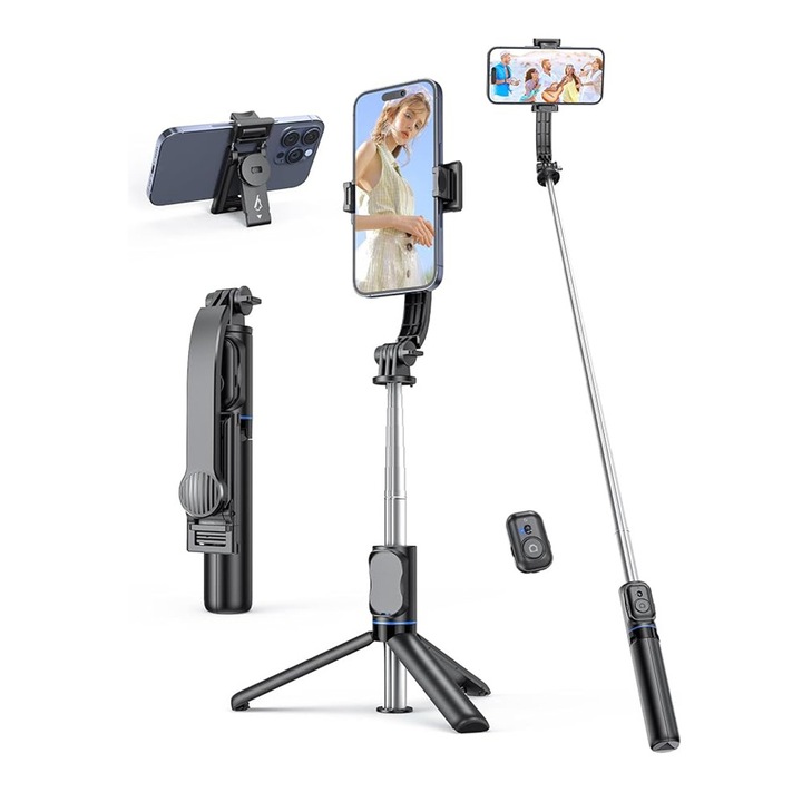 Selfie stick, cu Bluetooth, din ABS, extensie maxima 106 cm, culoare Negru, Stef's Cat
