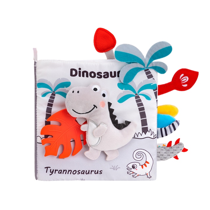 Carte interactiva pentru bebelusi, DABISY, model Lumea Dinozaurilor, 6 pagini, dezvoltare senzoriala si cognitiva, texturi si sunete, pentru dentitie, invatare prin joaca, portabila, lavabila, 0 – 36 luni, multicolor