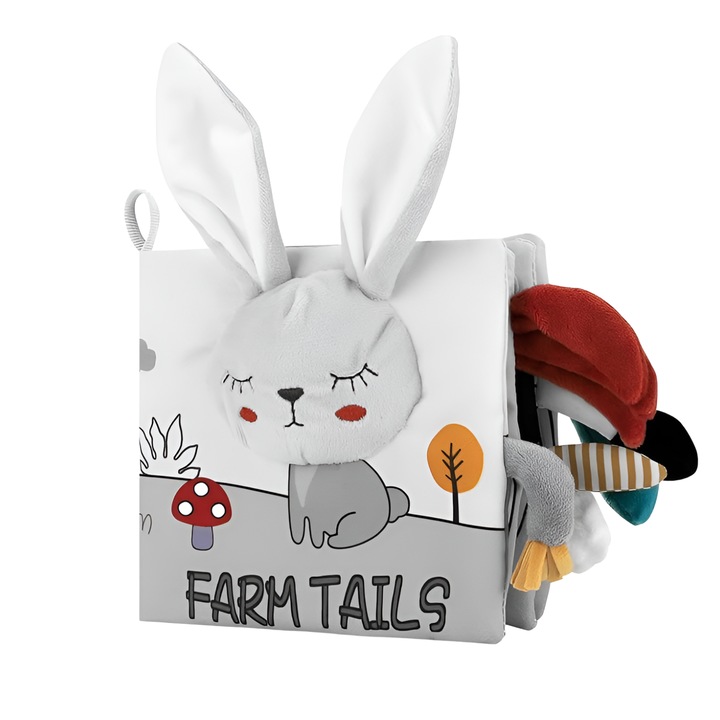 Carte interactiva pentru bebelusi, DABISY, model Ferma Animalelor, dezvoltare senzoriala si cognitiva, texturi si sunete, invata animalele, portabila, lavabila, 4 pagini, 0 – 36 luni, multicolor