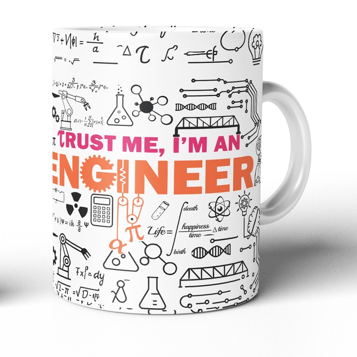 Cana Ceramica Trust Me I’m An Engineer 330 Ml JOYSTOS – Design Amuzant Cu Schite Tehnice, Cadou Pentru Ingineri, Studenti, Colegi, Cana Personalizata Pentru Cafea Sau Ceai