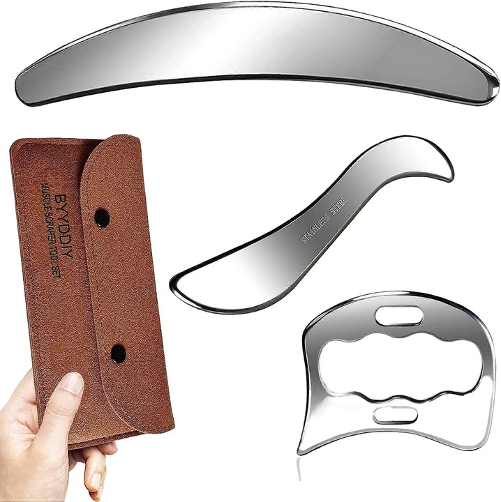 Set 3 in 1 de unelte de masaj din otel inoxidabil, design S, C si D, pentru corp, cu husa de protectie neagra