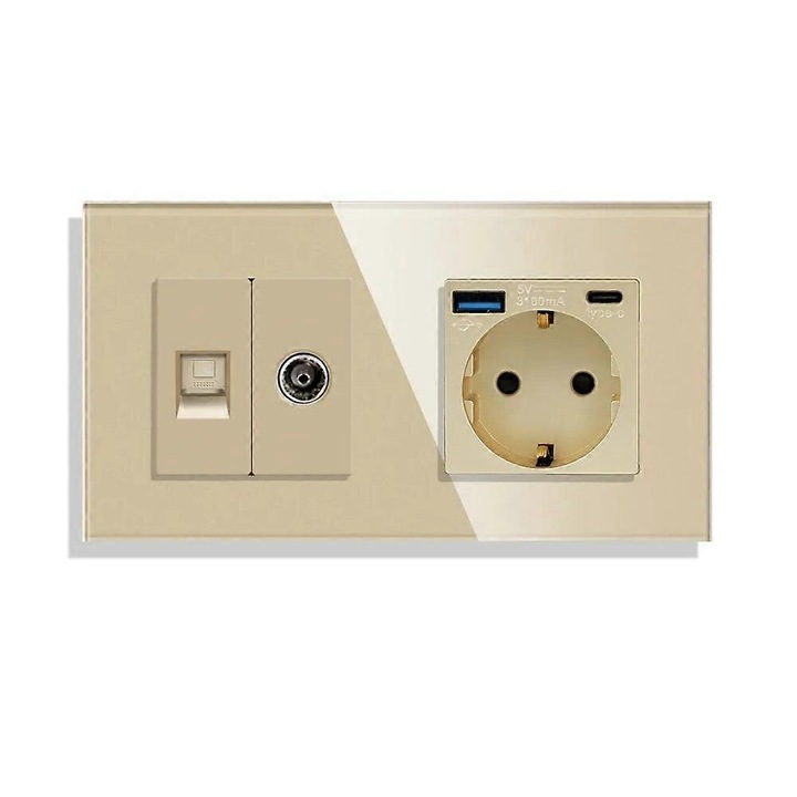 Comutator tactil si prize Bingoelec cu panou din sticla, aurii, set