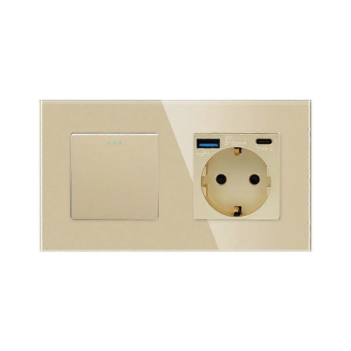 Comutator tactil si prize Bingoelec cu panou din sticla, aurii, set