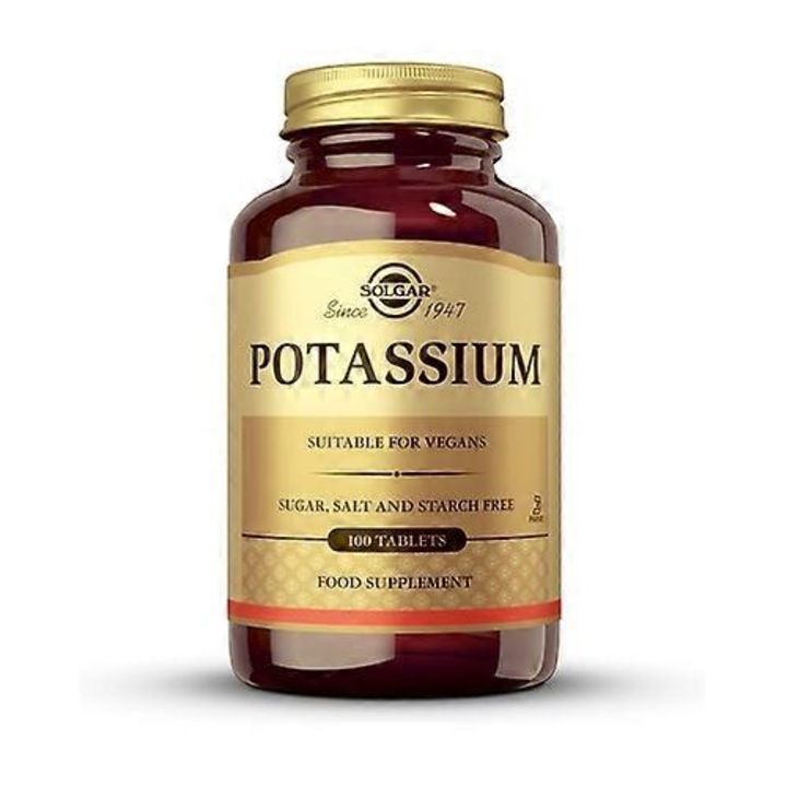 Tablete de Potasiu Solgar, 100mg, set de 3, pentru functionarea normala a sistemului nervos si muscular, mentinerea tensiunii arteriale normale
