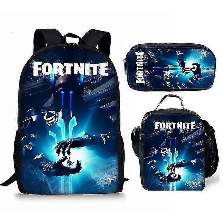 Ghiozdan cu print Fortnite, set de 3 piese, capacitate mare, impermeabil, multicolor, 44x28x13cm