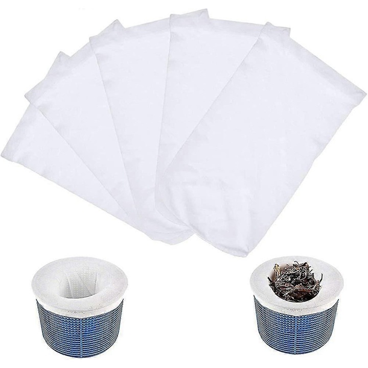 Set 5 protectii filtru skimmer piscina, nylon, elastic, alb